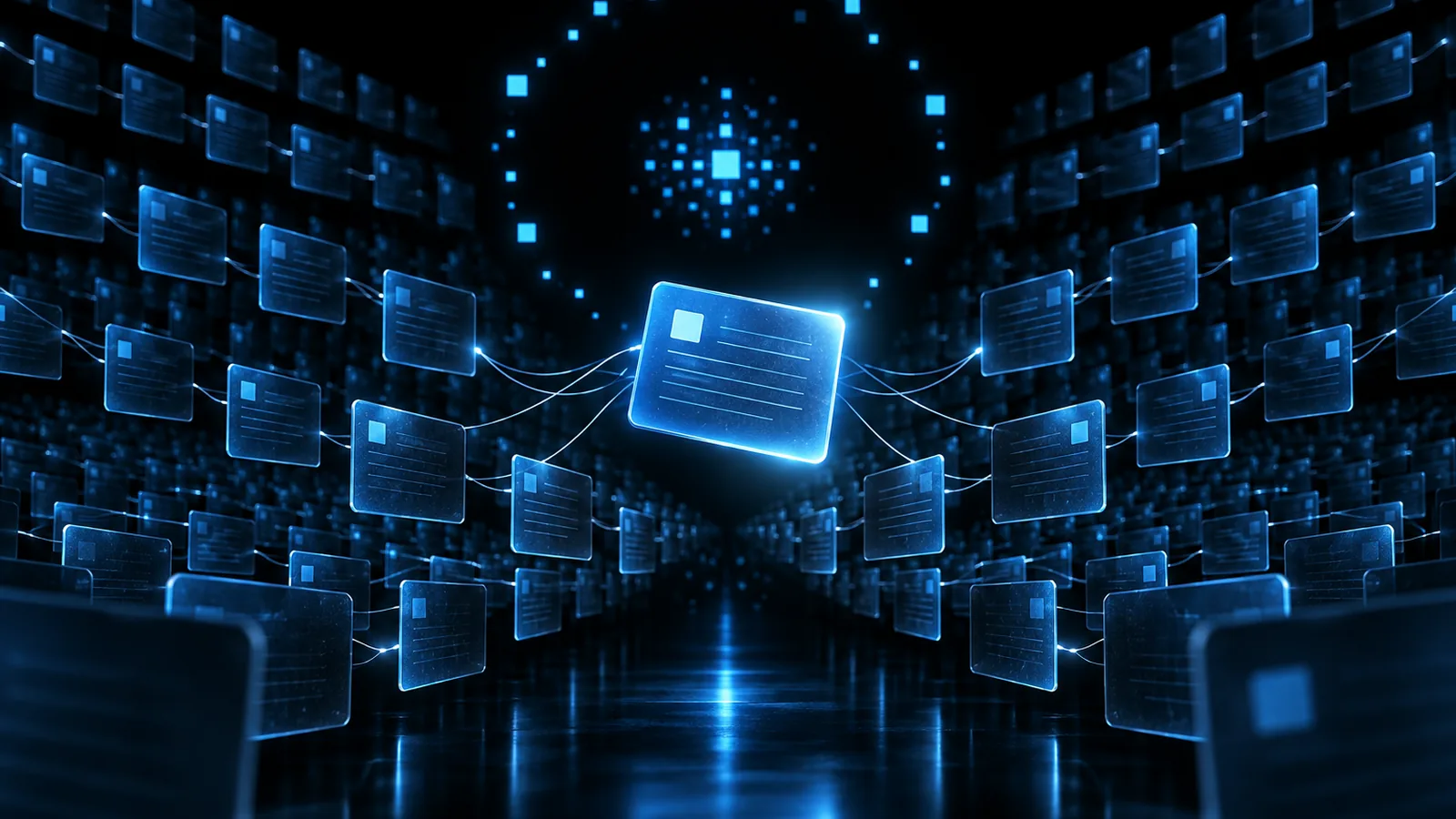 Rows of glowing automation cards receding into the dark, one lifted forward