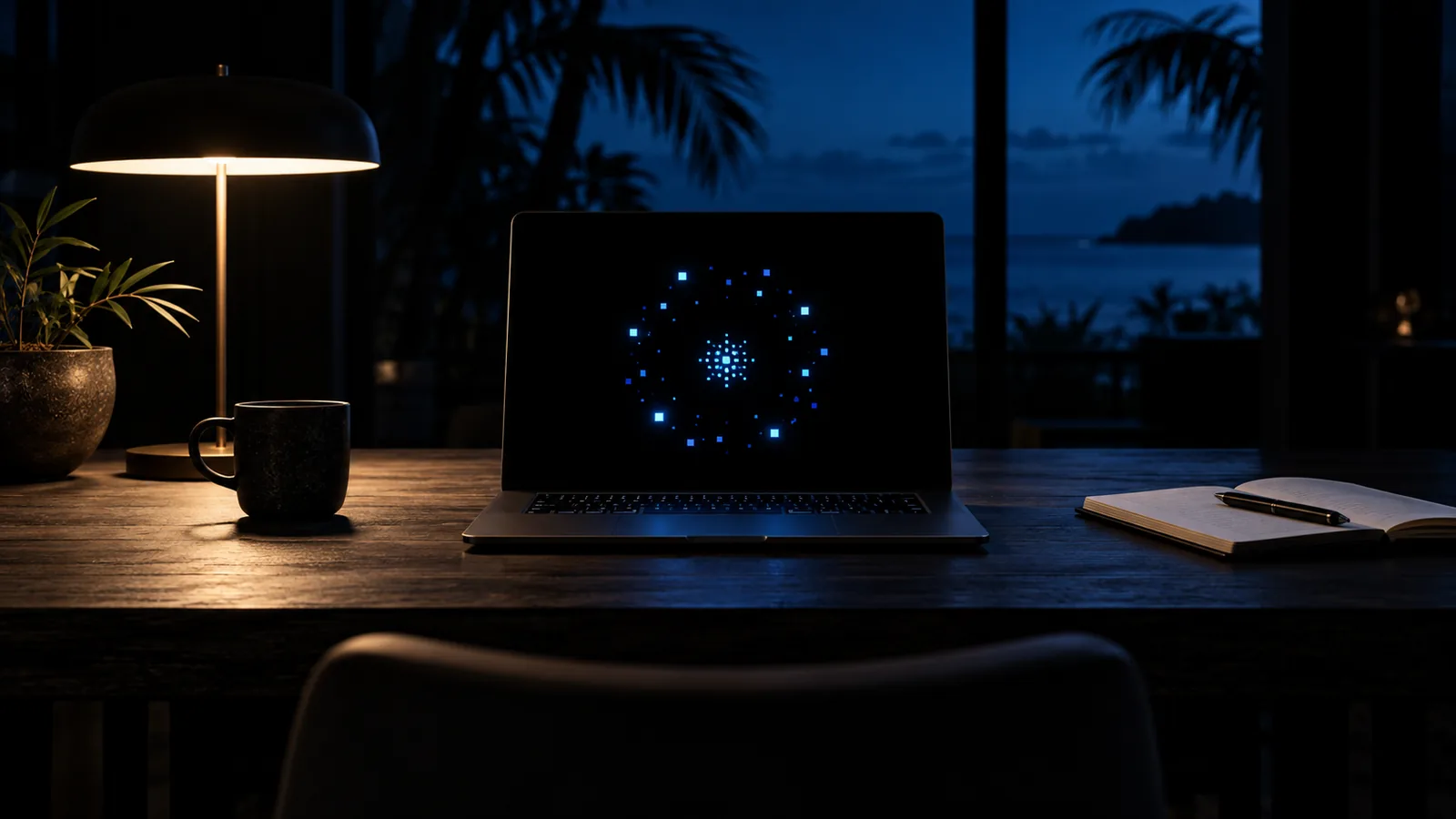 A kitchen table at night with a laptop, a notebook and a lamp, palms through the window