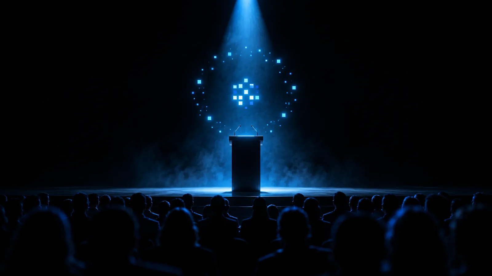 An empty stage with one lit lectern seen from the back of a dark room